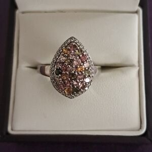 Multi-Tourmaline, White Zircon Pear Shape Cluster Ring in 925 Sterling Silver